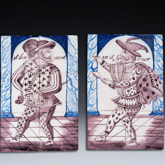 An exceptional pair of blue, white and manganese Dutch Delft tile murals depicting 'Hans Worst' and his brother, probably Rotterdam, 18th C.