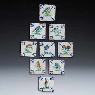 Nine polychrome Dutch Delft 'bird' tiles, 17th C.