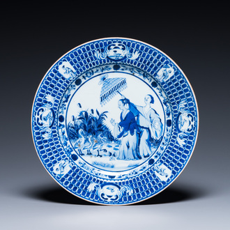 A Chinese blue and white dish with 'Parasol ladies' after Cornelis Pronk, Qianlong