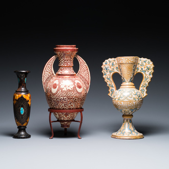 Two Hispano-Moresque lustre-glazed 'Alhambra' vases and a stone-inlaid wooden vase, Spain and Northern Africa, 19/20th C.