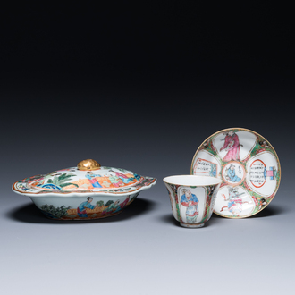 A Chinese Canton famille rose 'Wu Shuang Pu' cup and saucer and a tureen and cover, 19th C.