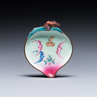 A Chinese Canton enamel peach-shaped saucer dish, Yongzheng