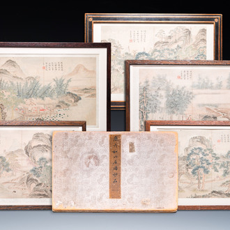 Navolger van Tang Yin 唐寅 (1470-1524): Vijf landschappen en een album met twee landschappen, inkt en kleur op zijde, 20e eeuw