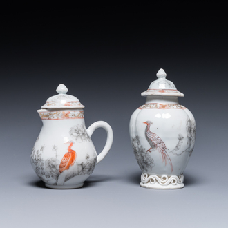 A Chinese iron-red and grisaille tea caddy and cream jug with fine pheasants, Yongzheng