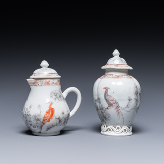 A Chinese iron-red and grisaille tea caddy and cream jug with fine pheasants, Yongzheng