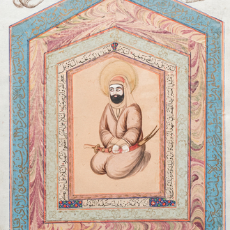 Ecole qajare, miniature: 'L'Imam Ali', entouré de calligraphie