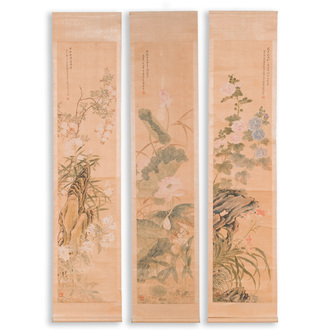 Yu Li 李钰( 1862-1922): Three scrolls with rocks and flowers, ink and colours on silk, dated 1906