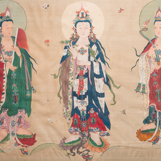 Chinese school: 'Three Buddhist goddesses', ink and colour on silk, 18th C.