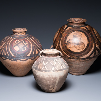 Three Chinese painted pottery jars, Majiayao Yangshao culture, 3rd/2nd millennium b.C.