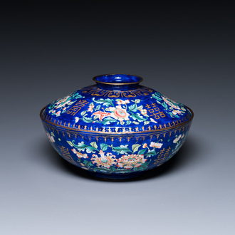 A Chinese blue-ground Canton enamel bowl and cover, Qianlong