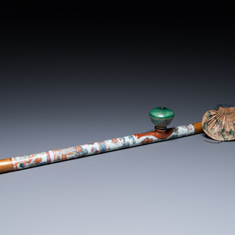 A rare Chinese famille rose opium pipe with narrative scenes, 19th C.