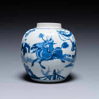 Een Chinese blauw-witte gemberpot met spelende jongens met een qilin, Kangxi