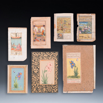 Perzische en Indische school: zeven miniaturen met figuratieve en florale voorstellingen op Koranpagina's, 19/20e eeuw