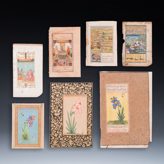 Persian and Indian school: seven miniatures with figurative and floral designs on Quran pages, 19/20th C.