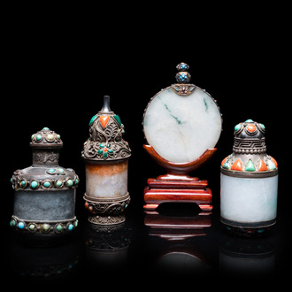 Four Chinese inlaid silver-mounted jade snuff bottles, 19/20th C.