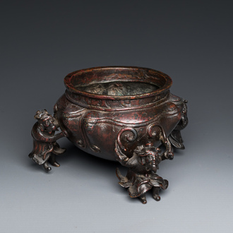 A Chinese lacquered bronze 'foreigners' censer, Ming