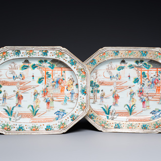 A pair of Chinese octagonal famille rose 'mandarin subject' dishes, Qianlong