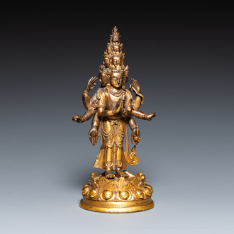 A Sino-Tibetan gilt bronze Avalokitesvara with traces of polychromy, 18/19th C.