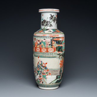 A fine Chinese famille verte 'Romance of the Three Kingdoms' rouleau vase, Kangxi