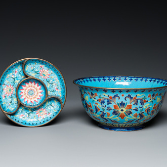 A Chinese Canton enamel 'lotus' spice dish and a floral bowl, Qianlong/Jiaqing