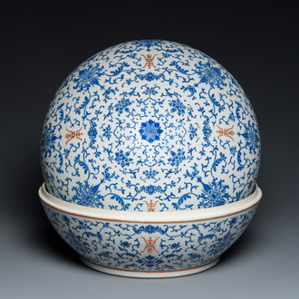A large round Chinese box and cover with overglaze blue enamel lotus design, Guangxu mark and of the period