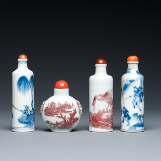 Four Chinese blue, white and copper-red snuff bottles, 19th C.