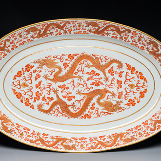 An imperial huge oval Chinese iron red and gilt 'dragon' dish, Ji Xiang Ru Yi 吉祥如意 mark, Guangxu