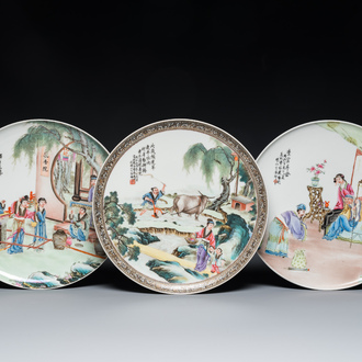 Three Chinese famille rose dishes, signed Zeng Fuqing 曾福慶 and Le Tao Zhai 樂陶齋 seal marks, dated 1946 and 1947