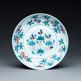 A Chinese doucai 'sanduo' plate, Chenghua mark, Kangxi