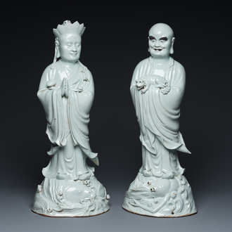 Two exceptionally tall Chinese white-glazed sculptures of Luohan, Qianlong/Jiaqing