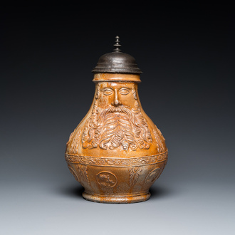 An exceptionally fine pewter-lidded stoneware bellarmine jug with portrait medallions, Cologne, Germany, 2nd quarter 16th C.