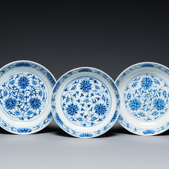 Three Chinese blue and white 'lotus scroll' plates, Guangxu mark and of the period