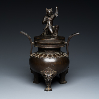 A Chinese bronze tripod censer with Liu Hai and the toad, Yuan