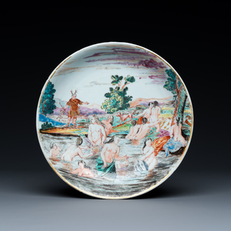 A rare Dutch-decorated Chinese eggshell 'Diana and Actaeon' plate with Dutch inscription on the back, Yongzheng