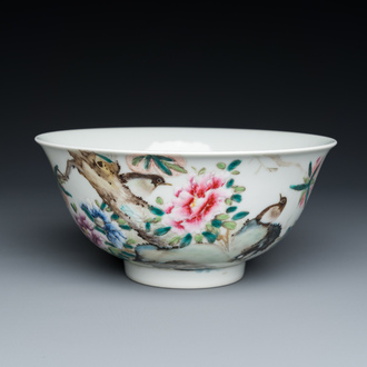 A Chinese famille rose 'magpie and peony' bowl, signature of Cheng Yiting 程意亭, Pei Gu Zhai 佩古齋 seal mark, dated 1941