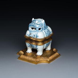 A Chinese blue and white gilt bronze-mounted censer in the shape of a Luduan, Wanli