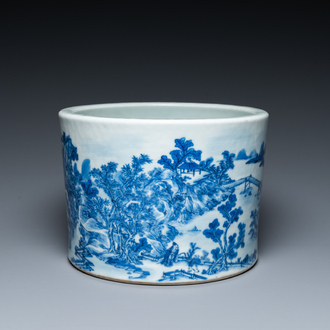 A large Chinese blue and white brush pot with a refined mountainous landscape, 18th C.