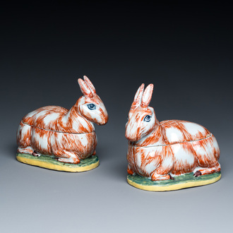 A pair of polychrome Dutch Delft 'hare' tureens and covers, 18th C.