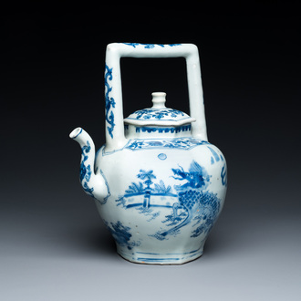 A Chinese blue and white 'qilins' wine ewer, Transitional period