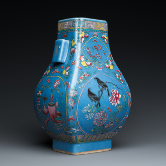 A Chinese 'fanghu' vase with overglaze famille rose enamels on a blue ground, Guangxu mark and of the period