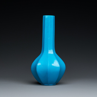 A Chinese turquoise blue Peking glass facetted bottle vase, Qianlong mark and of the period