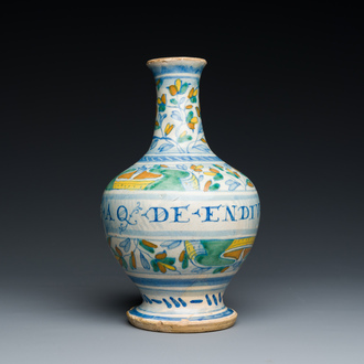 A rare polychrome Antwerp maiolica pharmacy bottle inscribed AQ DE ENDIV, middle of the 16th C.