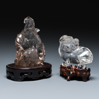 Two Chinese rock crystal sculptures of a sage with a turtle and of a Buddhist lion, 19th C.