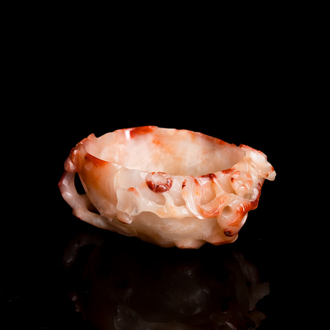 A Chinese pink agate brush washer with a chilong, Qing
