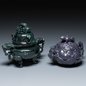 Two Chinese censers and covers in blue and green goldstone or aventurine quartz, 19/20th C.