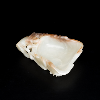 A Chinese white and russet jade lotus-form brush washer, Qing