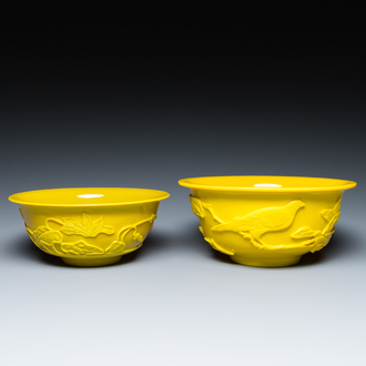 Two Chinese yellow Beijing glass bowls, 19/20th C.