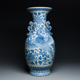 A large Chinese blue and white dragon-handled 'phoenix and peony' vase, 19th C.