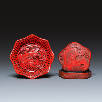 A fine Chinese red cinnabar lacquer box and cover and a saucer, 18/19th C. and Republic