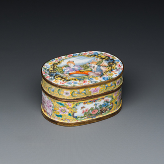 A fine Beijing enamel oval snuff box and cover with European ladies, Qianlong mark and probably of the period